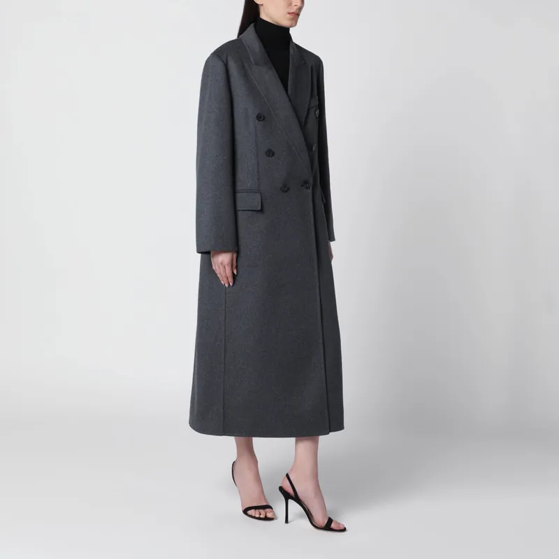 Double-Breasted Coat In Grey Mélange Wool And Cashmere