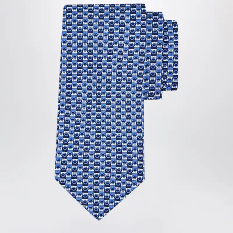 Blue/Light Blue Gancini Print Silk Tie - Ferragamo