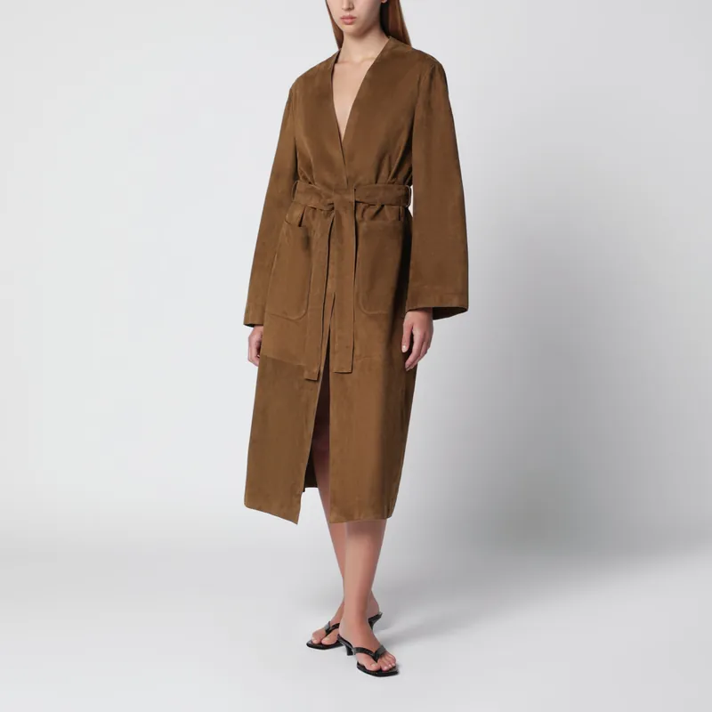 Ruelle Belted Coat In Brown Suede Leather - Nour Hammour