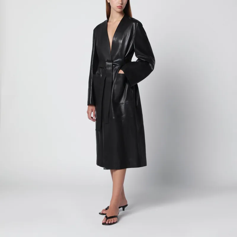 Ruelle Belted Coat In Smooth Black Leather - Nour Hammour