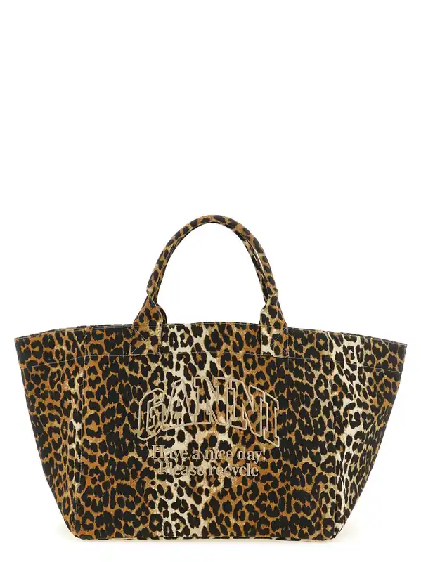 Leopard Xxl Tote Bag Brown - Ganni