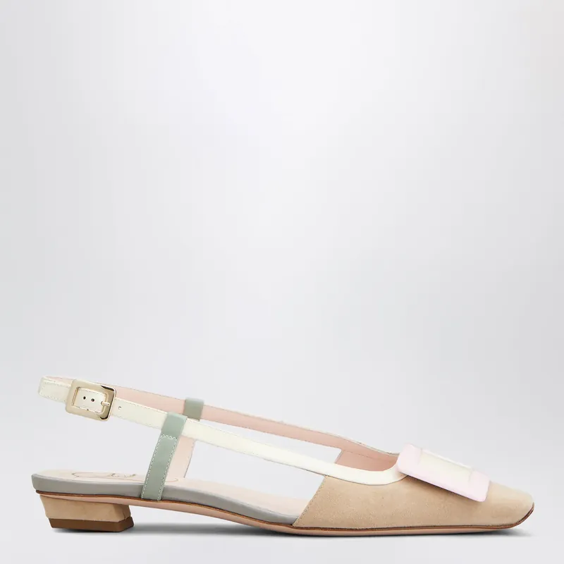 Belle Vivier Slingback Ballet Flats In Beige/Cream/Purple Suede - Roger Vivier