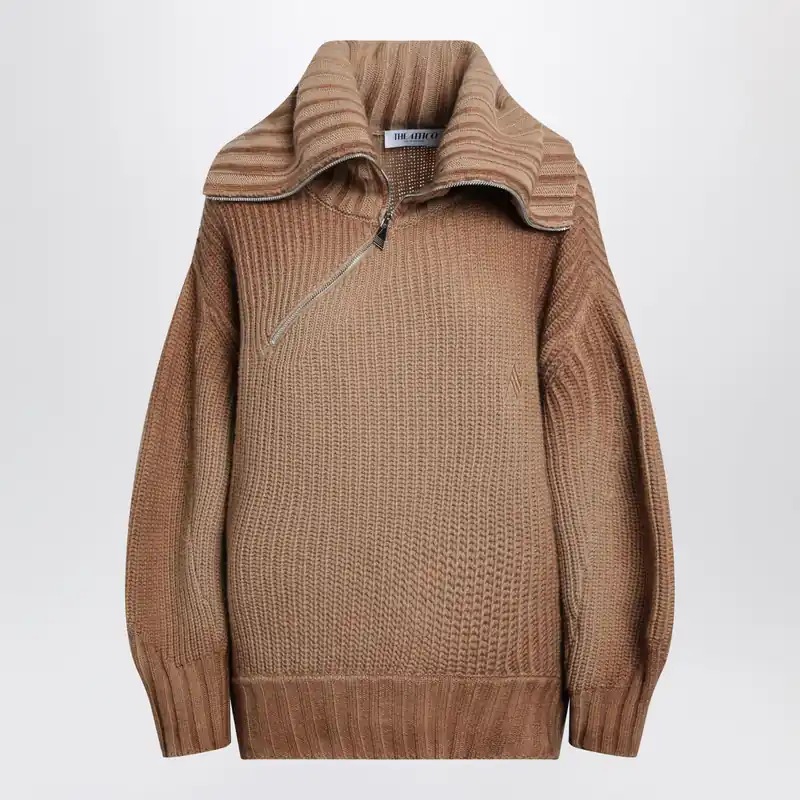 Camel Wool And Cashmere Sweater With Asymmetric Zip - The Attico