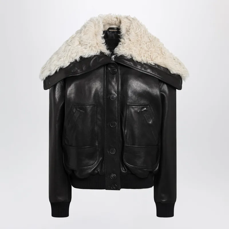 Black Leather Bomber Jacket With Shearling Collar - The Attico