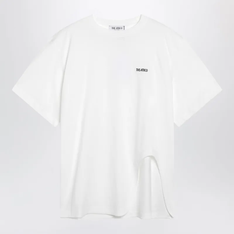Oversized Cotton Jersey T-Shirt With Cutout Hem, White