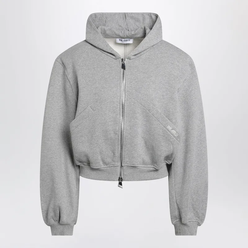 Boxy Zip-Up Hoodie In Melange Grey Cotton