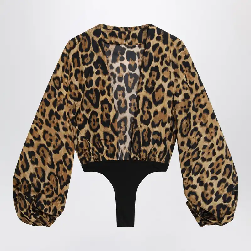Leopard-Print Nylon Bodysuit Shirt