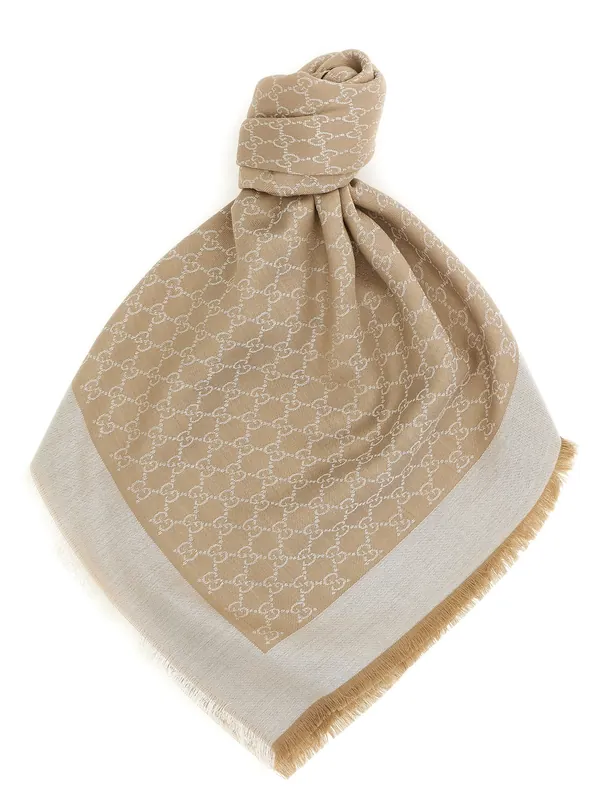 Wool And Silk Shawl Gg Scarves And Foulards Beige - Gucci