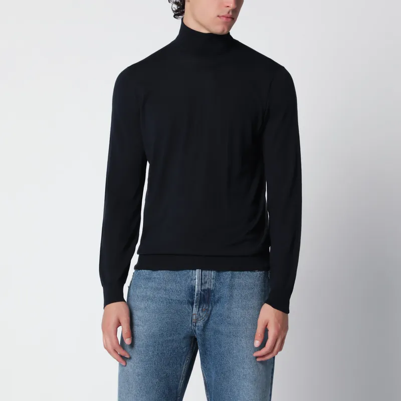 Navy Blue Wool Turtleneck Sweater - Drumohr