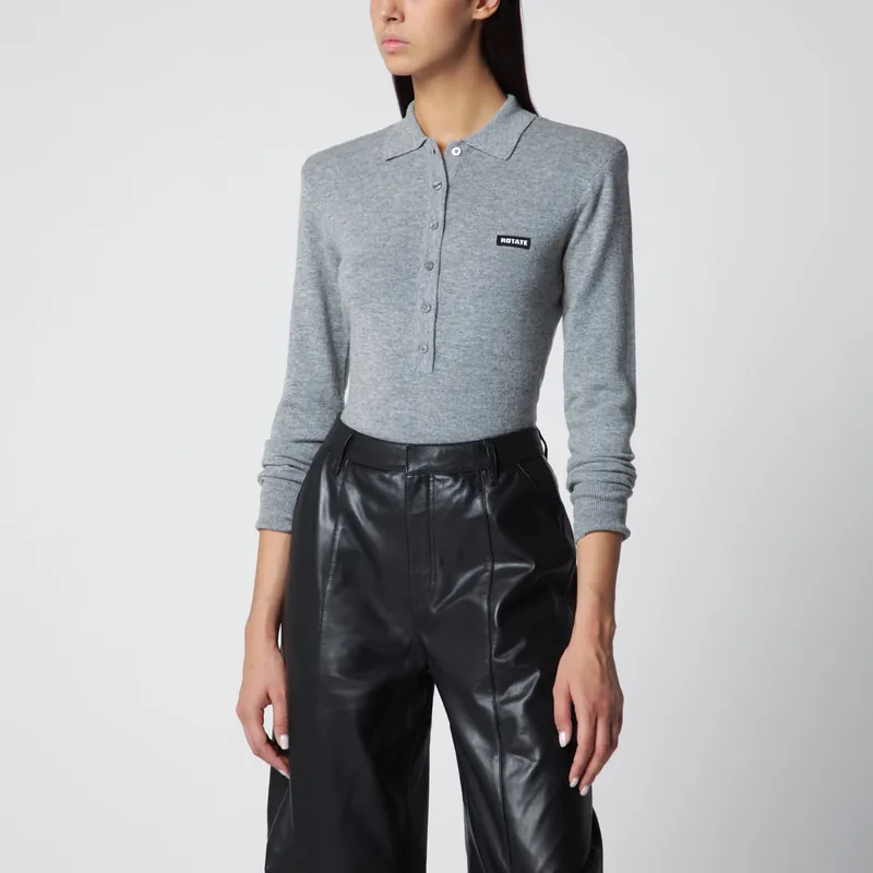Grey Wool Long-Sleeve Polo Shirt
