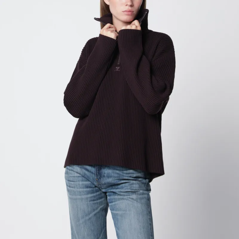 Dark Burgundy Ribbed Zip Sweater - Courrèges
