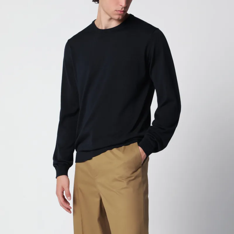 Navy Blue Wool Crew-Neck Knit Sweater