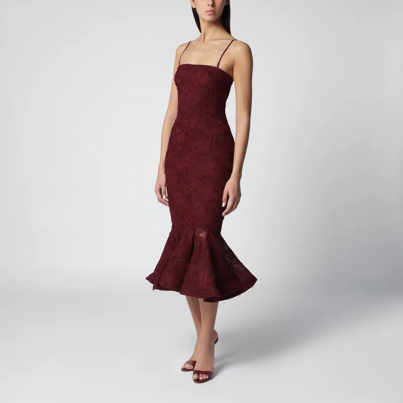 Burgundy Floral Mesh Ruffle Dress - Rotate