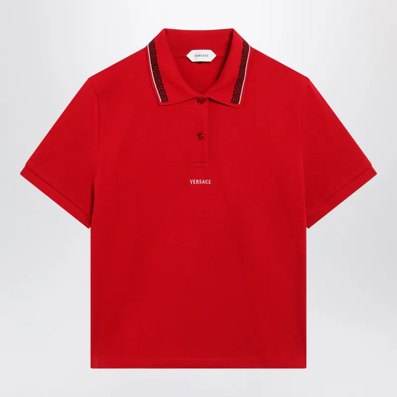 Lipstick Red Cotton Piqué Polo With Embroidered Logo - Versace