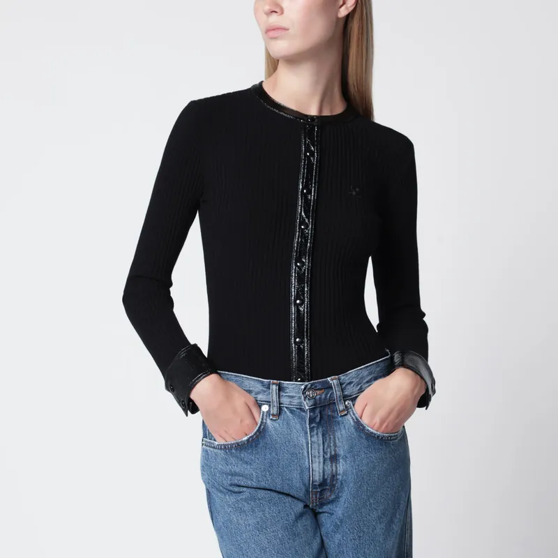 Ribbed Viscose-Blend Cardigan With Vinyl Trim, Black