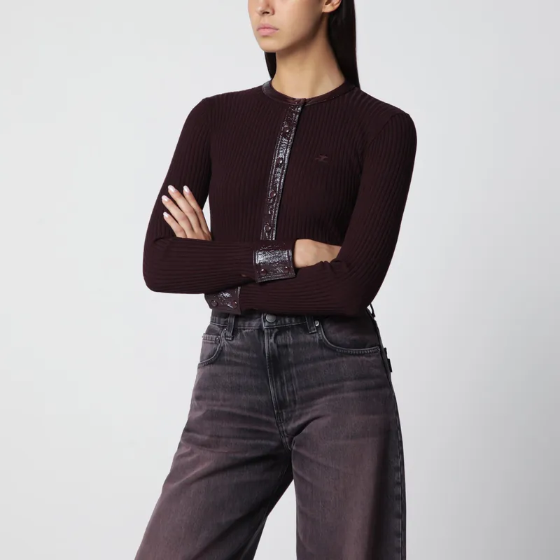 Ribbed Knit Cardigan With Vinyl Trim In Burgundy - Courrèges