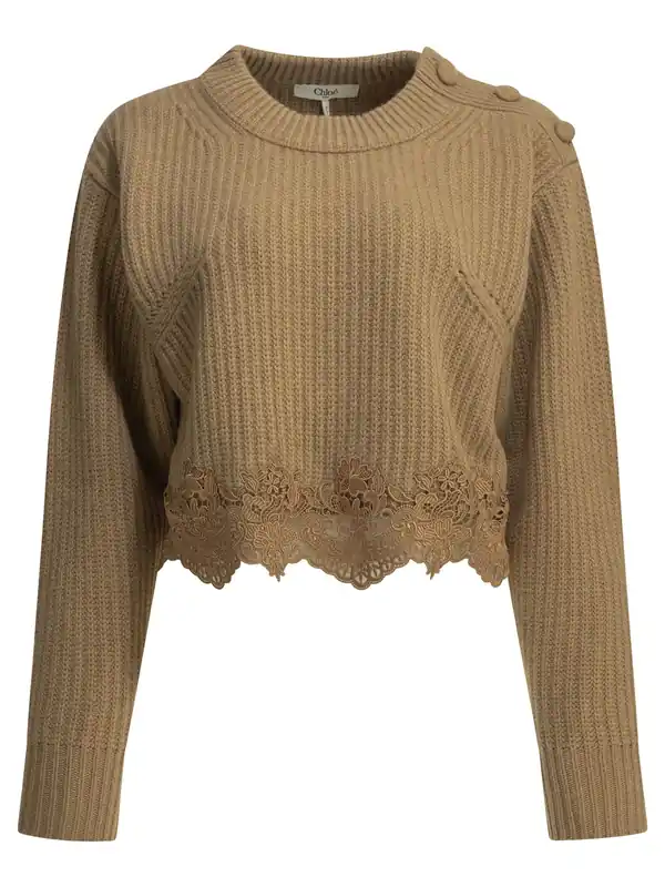 Crew-Neck Sweater With Lace Knitwear Brown