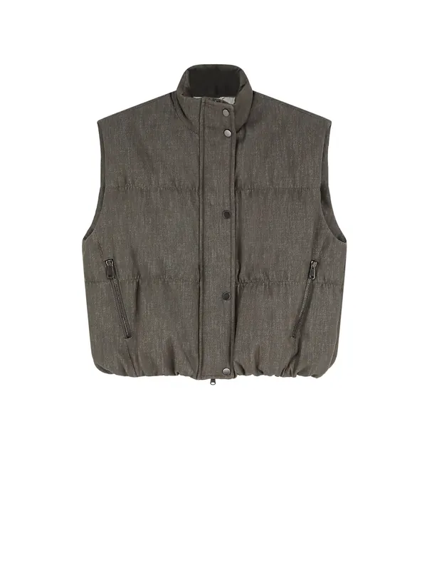 Sleeveless Effect Twill-Denim Down Jacket