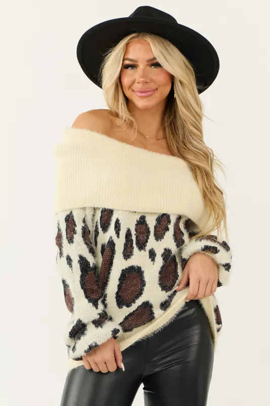 Cream Fuzzy Leopard Off the Shoulder Sweater - Umgee