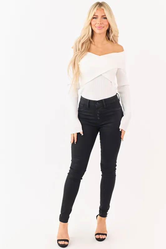 KanCan Black Button Fly Stretchy Coated Skinny Jeans