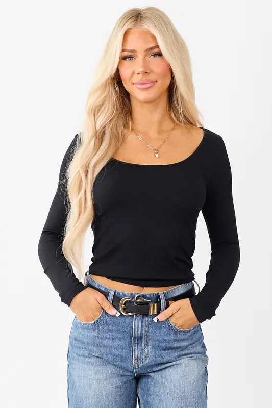 Black Long Sleeve Scoop Neck Ribbed Top - Nikibiki