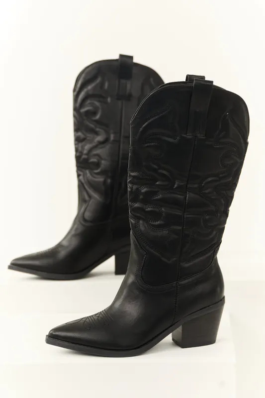 Black Faux Leather Pointed Toe Western Boots - JP ORIGINAL CORP