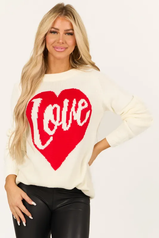 Cream 'Love' Heart Graphic Long Sleeve Sweater - Miss Sparkling
