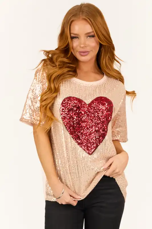 Rose Gold Sequined Heart Short Sleeve Top - BiBi