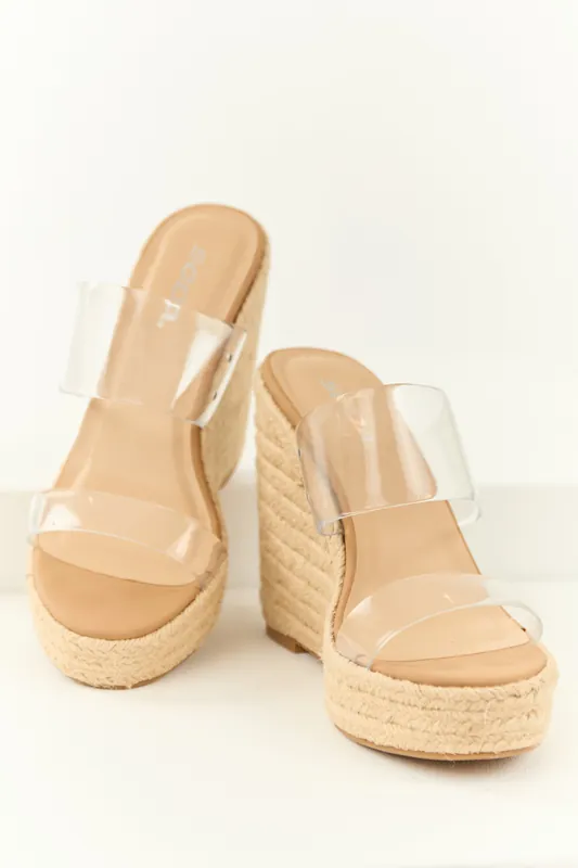Beige Espadrille Clear Strapped Wedge Heels - FORTUNE DYNAMIC