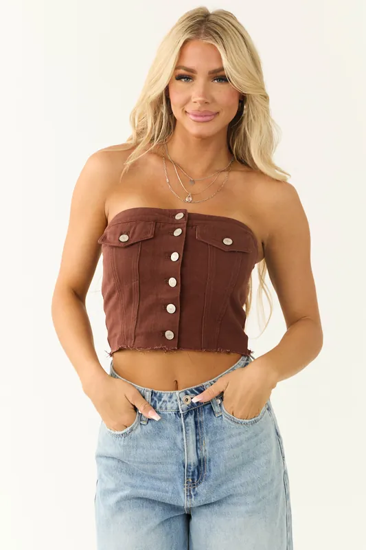 Chocolate Denim Strapless Button Up Corset Top - Paper Moon