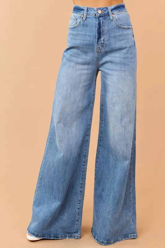 Saige Medium Stone Wash Super Wide Leg Stretch Jeans - Saige Denim