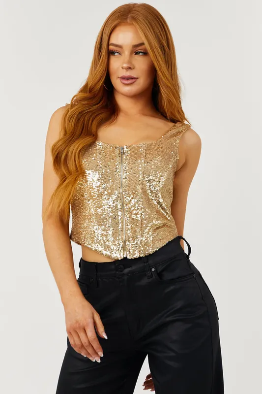 Gold Sequin Zipper Corset Cropped Tank Top - Tea & Cup
