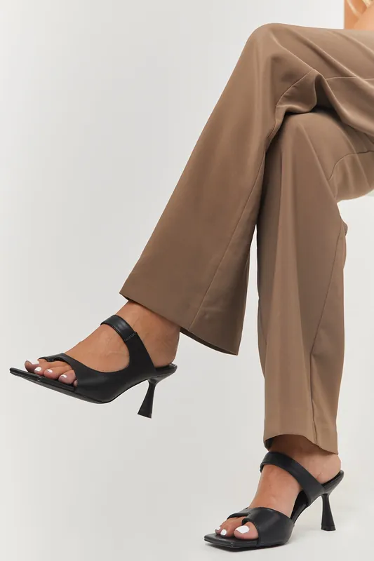 Black Faux Leather Square Toe Double Strap Heels - East Lion Corp.