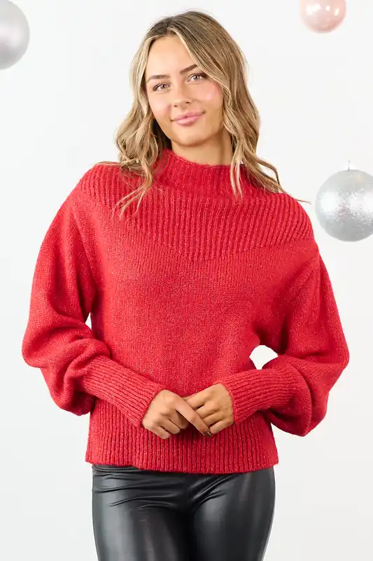 Lipstick Ribbed Balloon Sleeve Mock Neck Sweater - ZENANA