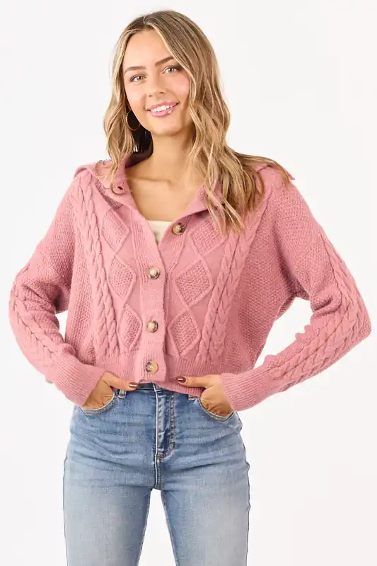 Punch Cable Knit Button Up Collared Cardigan - &merci