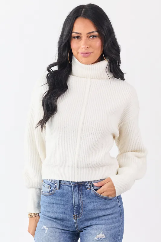 Ivory Turtleneck Bubble Sleeve Rib Knit Sweater - Timing
