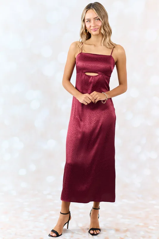 Maroon Animal Print Sleeveless Satin Midi Dress - Rollacoster