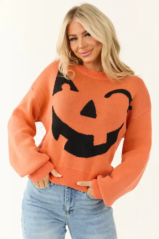 Pumpkin and Black Graphic Long Sleeve Sweater - Miss Sparkling