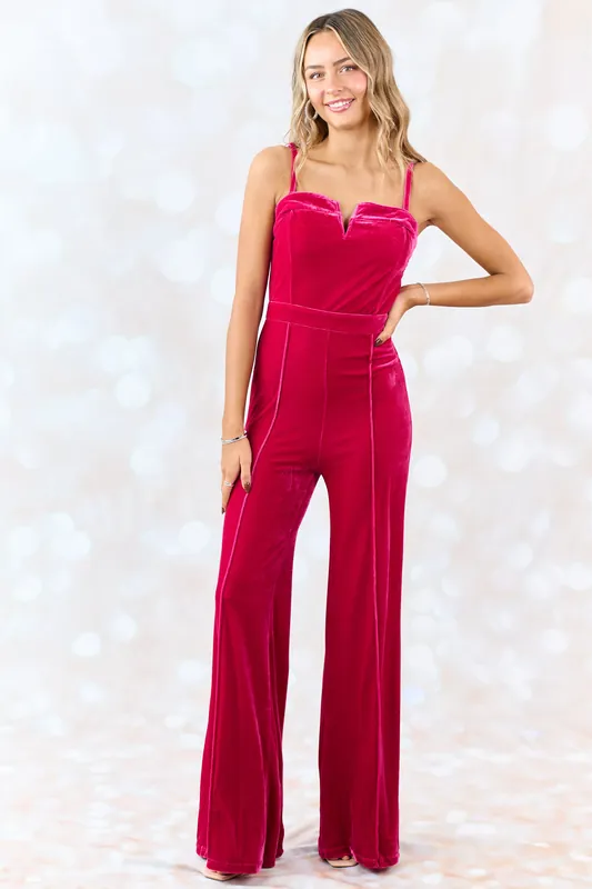 Flying Tomato Raspberry Split Neck Flare Leg Velvet Jumpsuit - Lime Lush