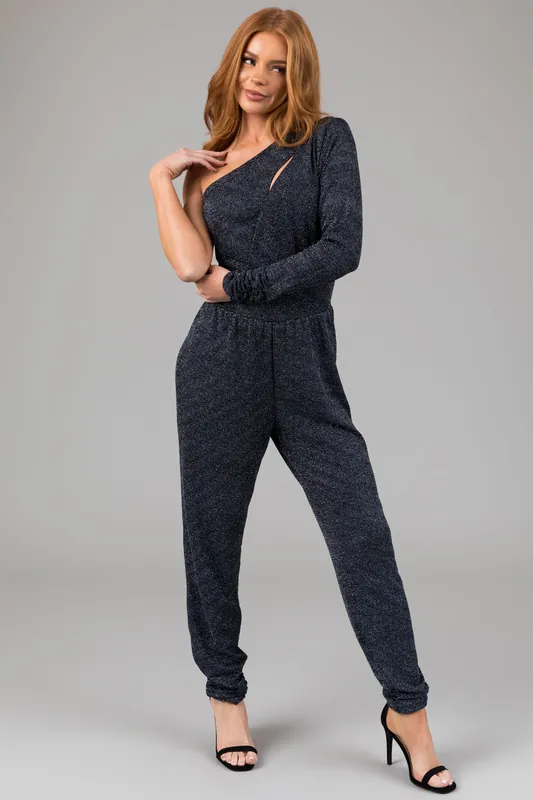 Black and Cobalt One Shoulder Sparkle Jumpsuit - Rollacoster