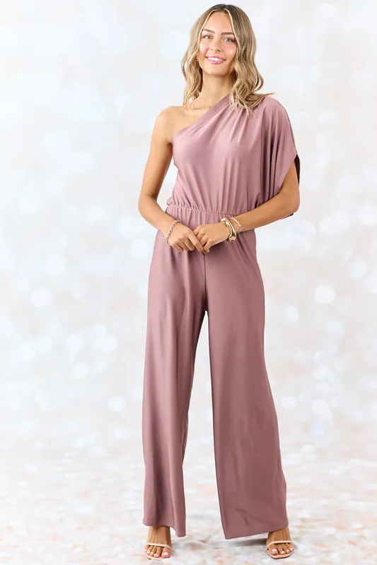 Dusty Rose One Shoulder Elastic Waist Satin Jumpsuit - Rollacoster