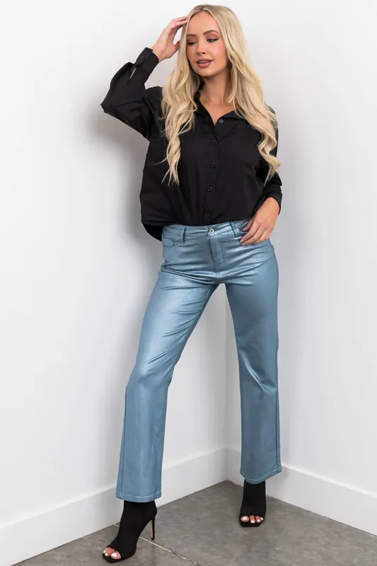 Powder Blue Metallic High Rise Dad Jeans - Special A