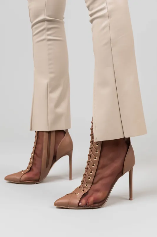 Mocha Sheer Mesh Lace Up Stiletto Booties - JP ORIGINAL CORP