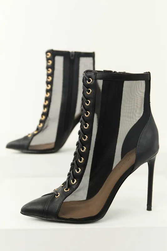 Black Sheer Mesh Lace Up Stiletto Booties - JP ORIGINAL CORP