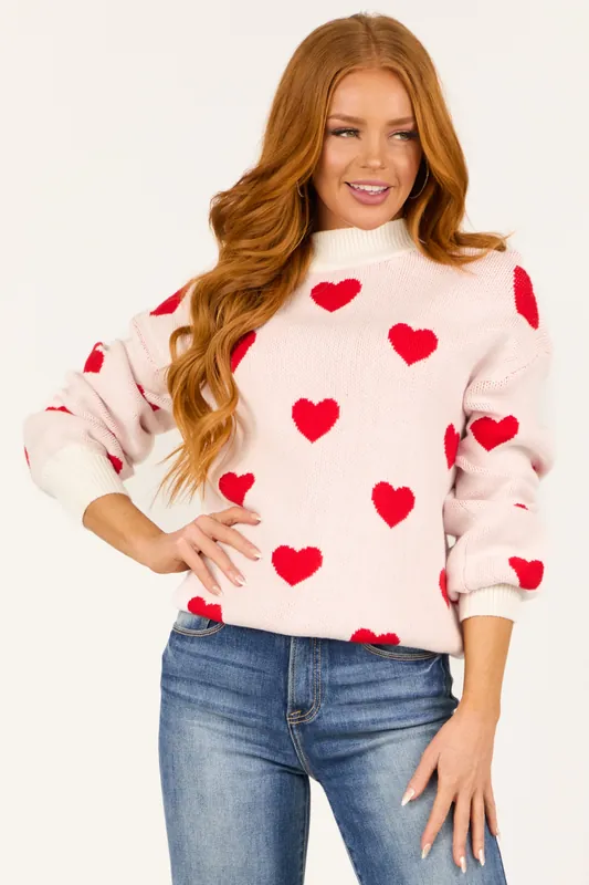 Ivory and Red Bubble Sleeve Heart Sweater - Miss Sparkling