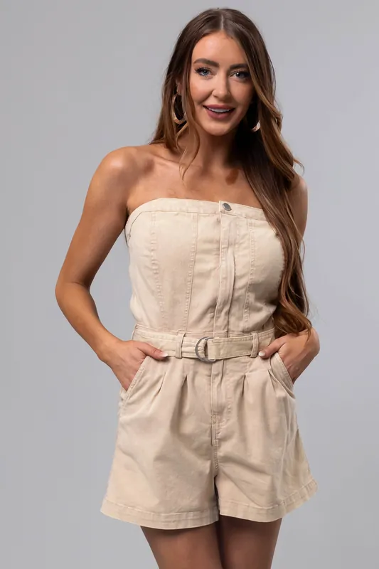 Sand Denim Mineral Wash Strapless Romper - eesome