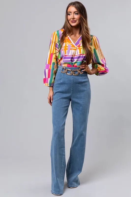 Light Wash Denim High Waisted Gold Belt Pants - Valentine