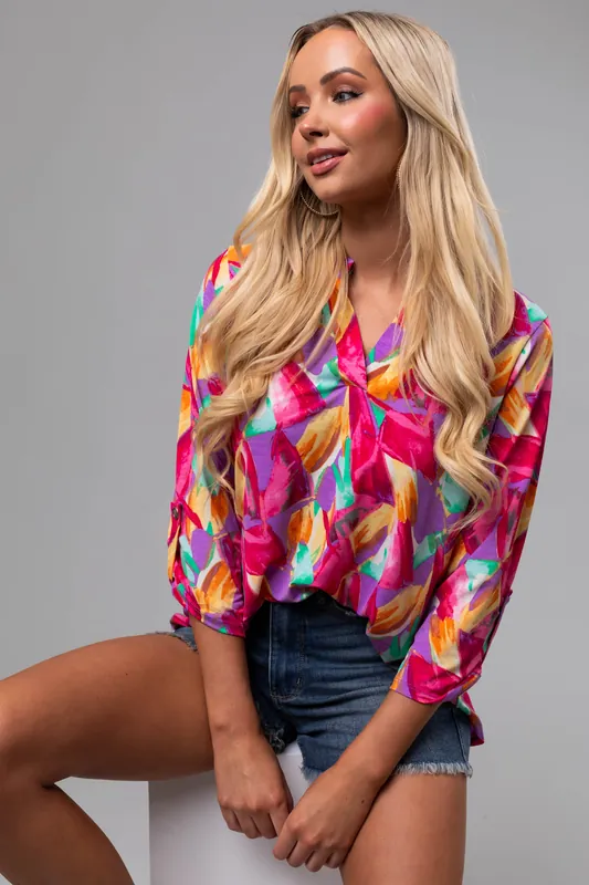 Multicolor Abstract Print 3/4 Sleeve Blouse - Dear Scarlett