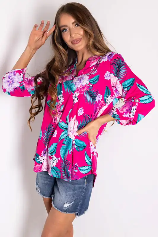 Magenta Floral Print 3/4 Sleeve V Neck Top - Dear Scarlett