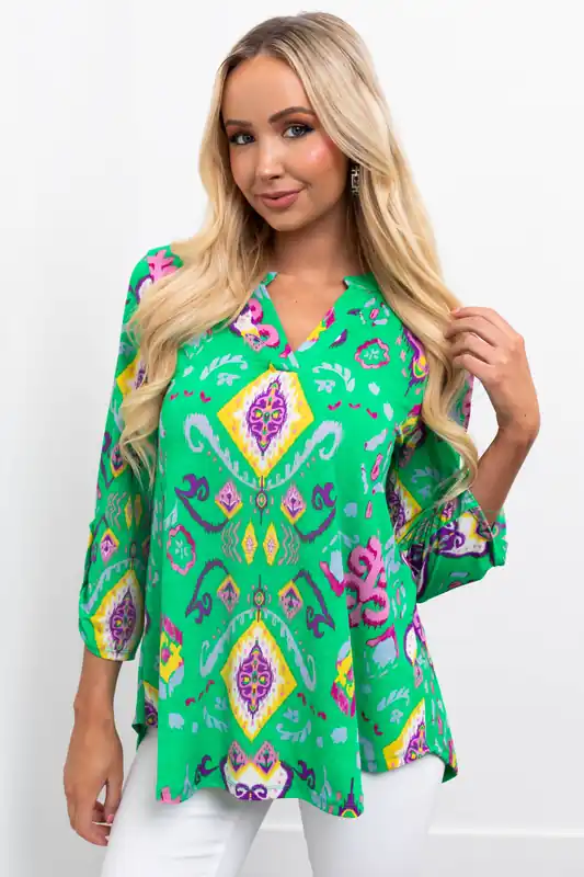 Kelly Green Printed 3/4 Sleeve Blouse - Dear Scarlett